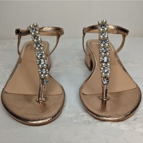 Jewel Badgley Mischka Dasha Block Heel Thong Sandals Roes Gold Champagne Y2K - Picture 3 of 6